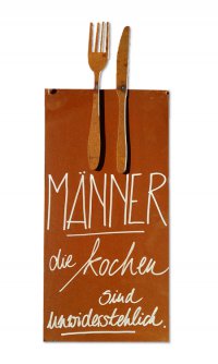 Rostige Spruchtafel L mit Besteck / M&auml;nner kochen