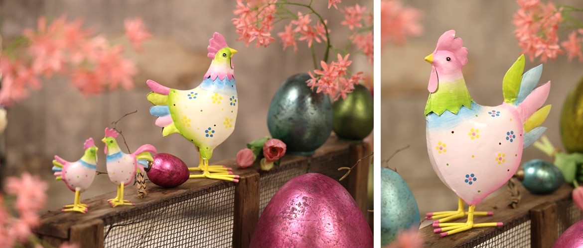 buntes Metall Huhn Bea und Metall Hahn Boris mit mini Metall H&uuml;hner