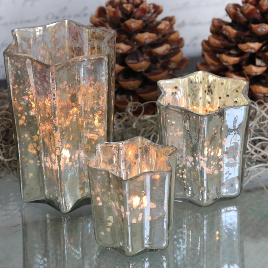 Windlicht Stern Glas antik silber